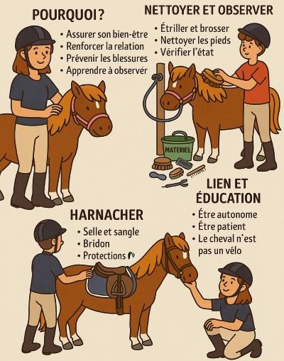 une fiche illustrée des étapes de préparation d'un poney avant de monter